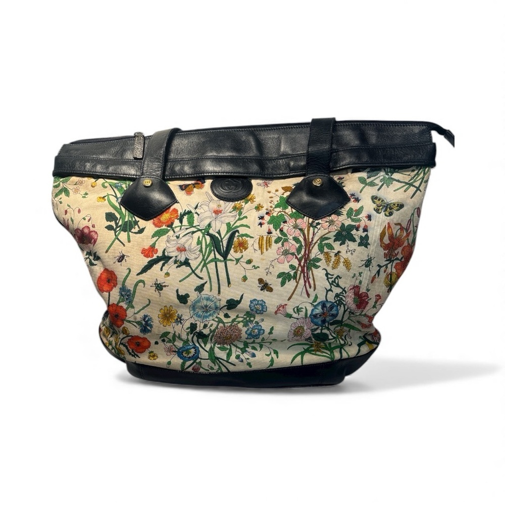 🌸 Gucci Large Flora Vintage Canvas Tote Bag Blue Leather Trim Floral Print - Picture 2 of 12